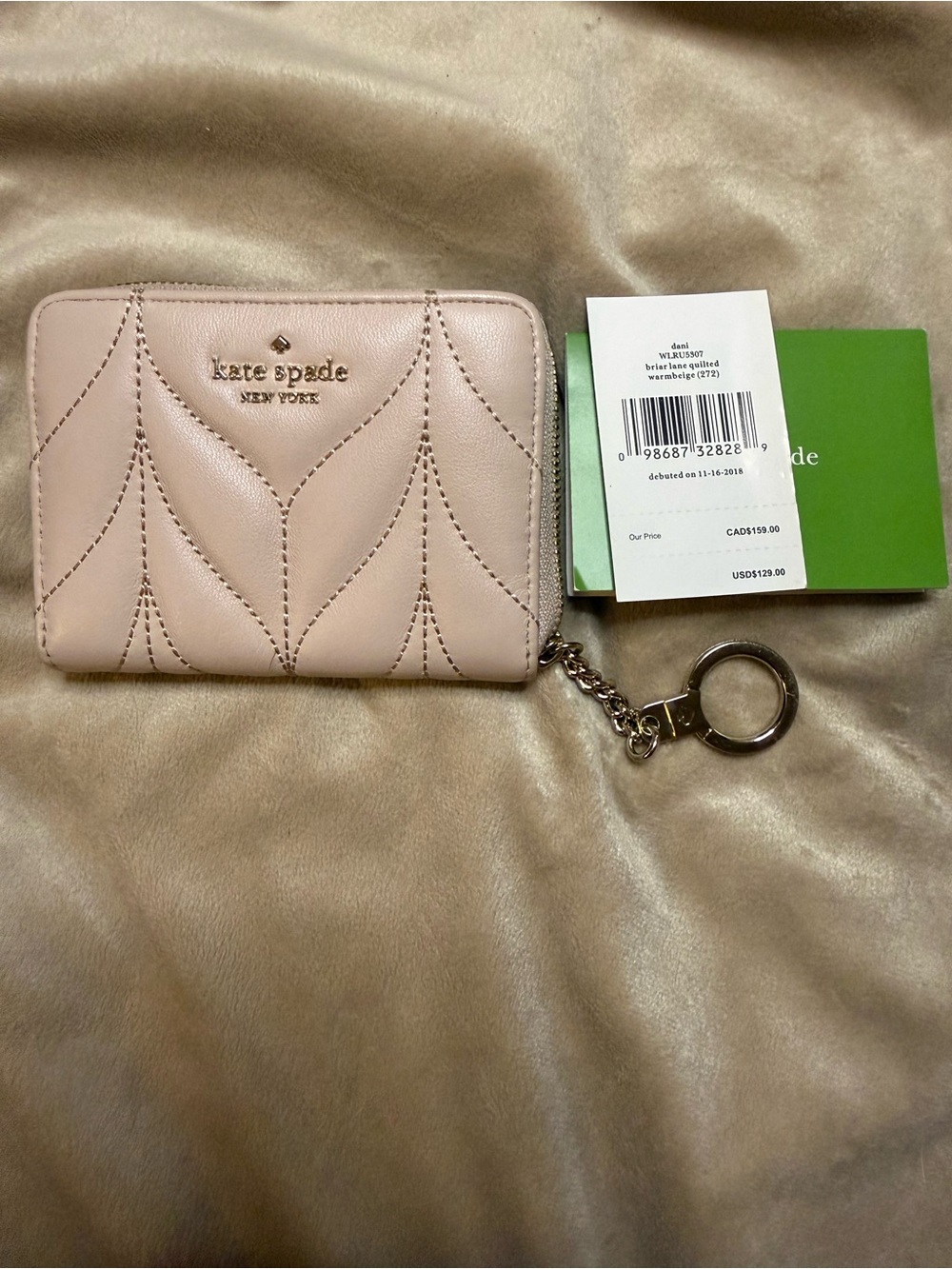 kate spade pale pink quilted leather card case with key chain